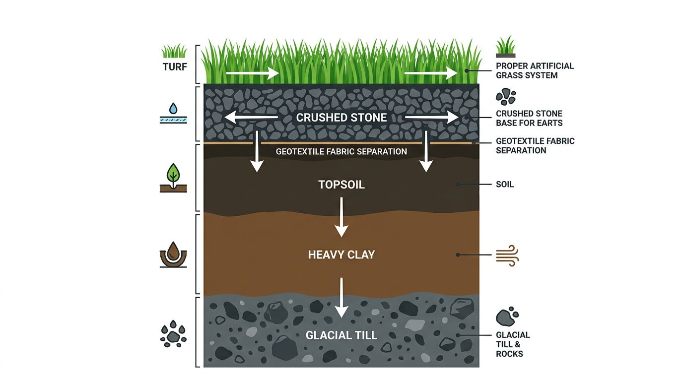 Langley soil cross-section showing topsoil, clay, glacial till with artificial grass base layers including crushed stone, geotextile fabric, and turf, with drainage arrows