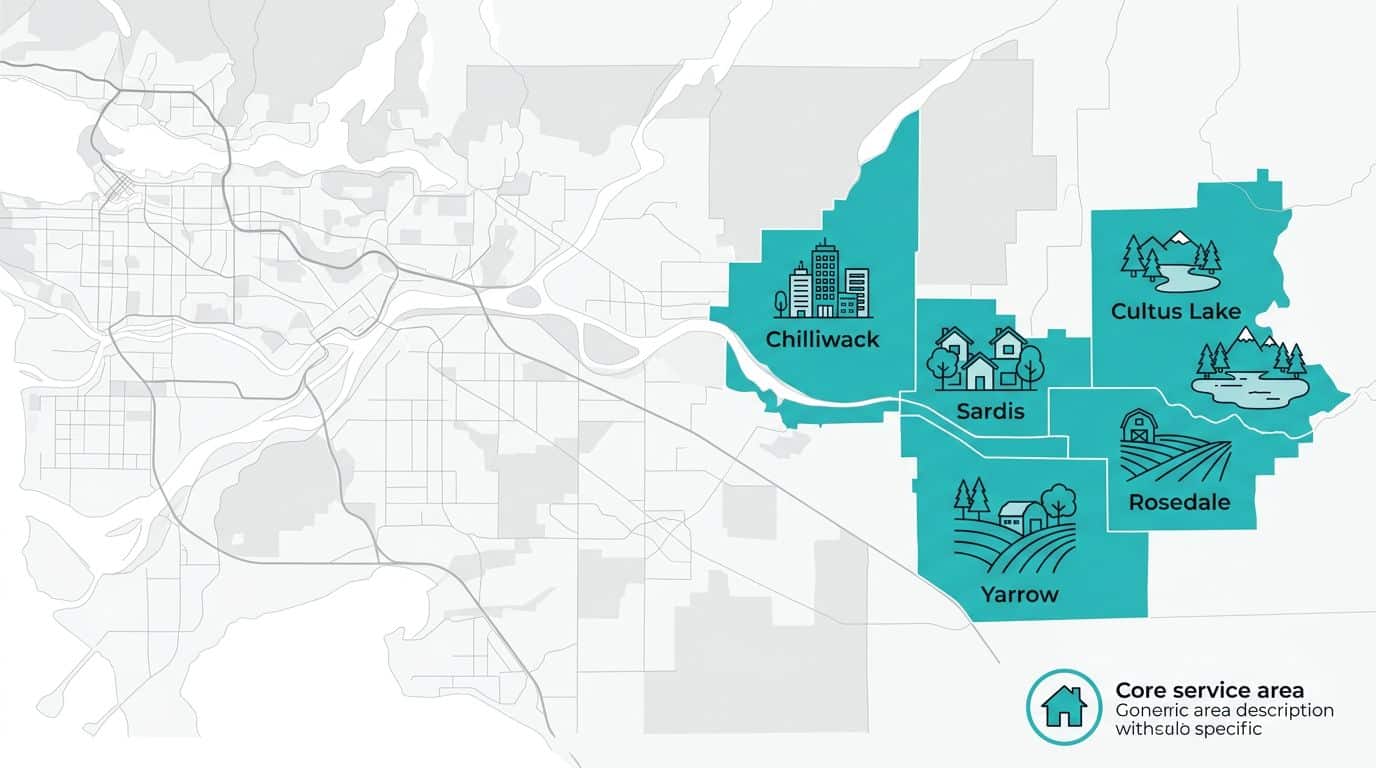 Infographic map highlighting five service areas in the Lower Mainland and Fraser Valley in teal on white background