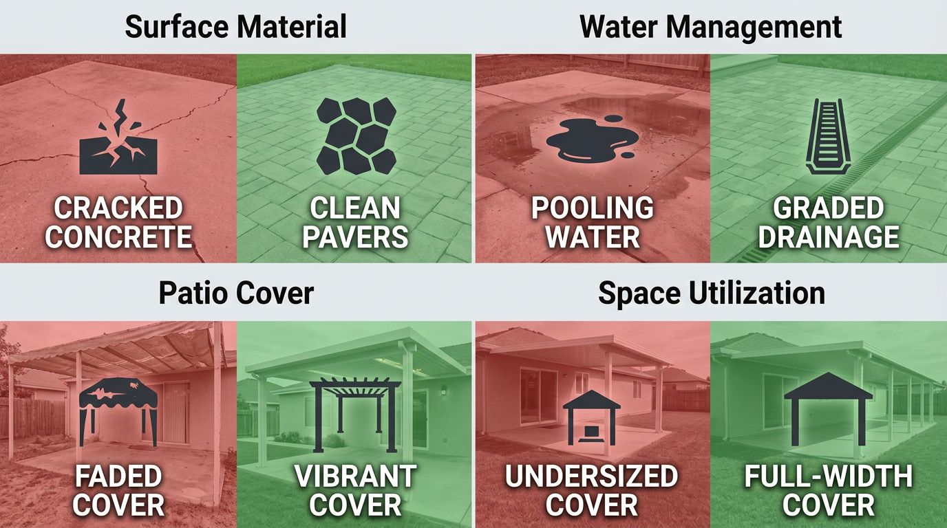 Visual comparison infographic showing patio and cover problems vs. Hughes Landscaping solutions in four quadrants