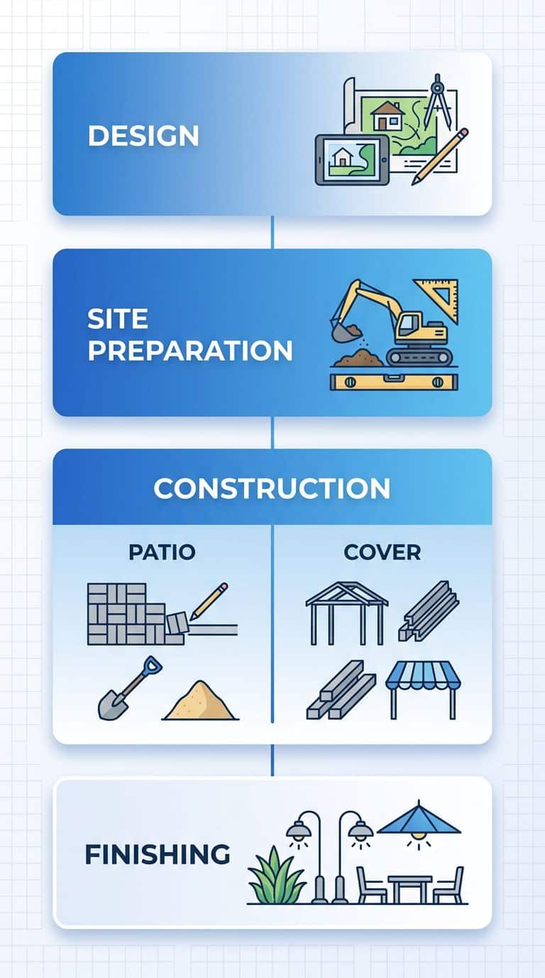 Process flow showing the 4 stages of patio and cover installation: Design, Site Preparation, Construction, Finishing