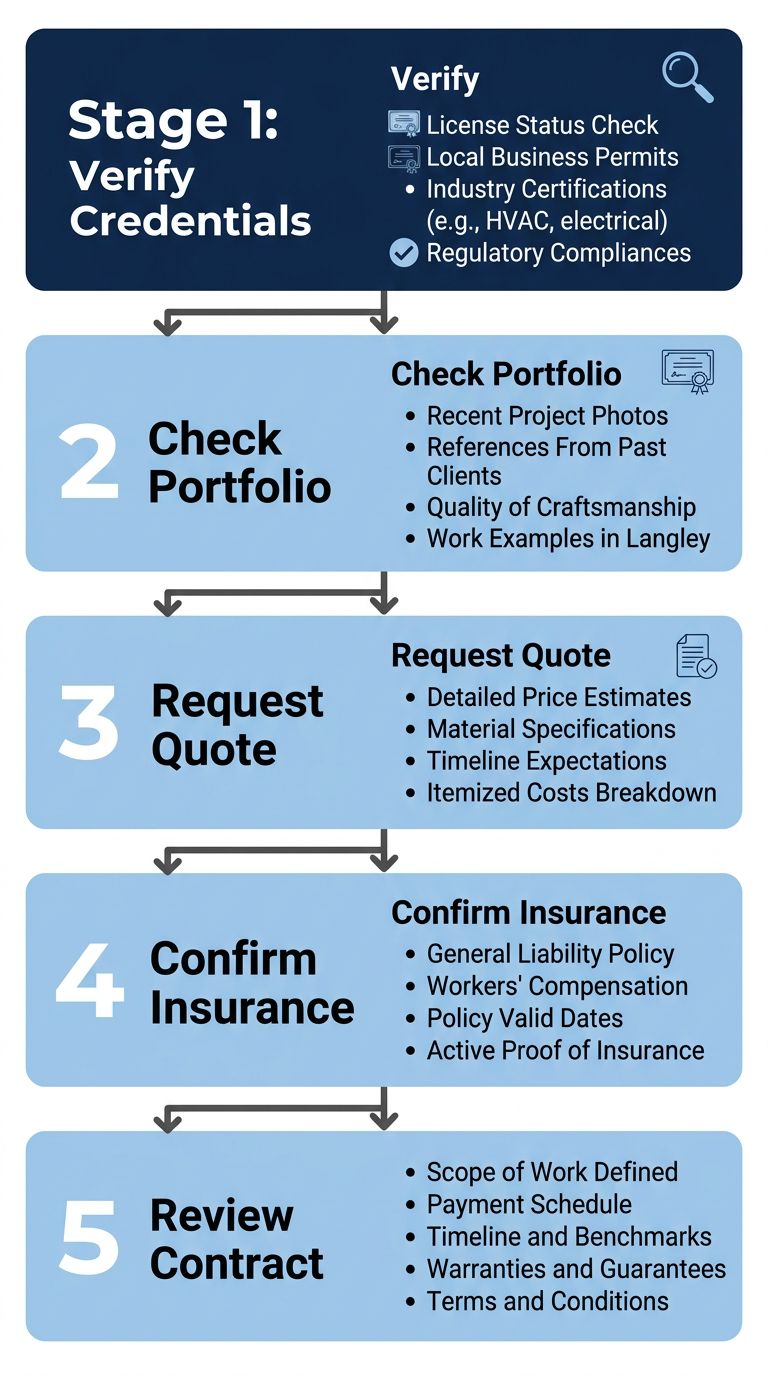 Five-step vertical process flow for vetting a patio installer, from verifying credentials to reviewing the contract.
