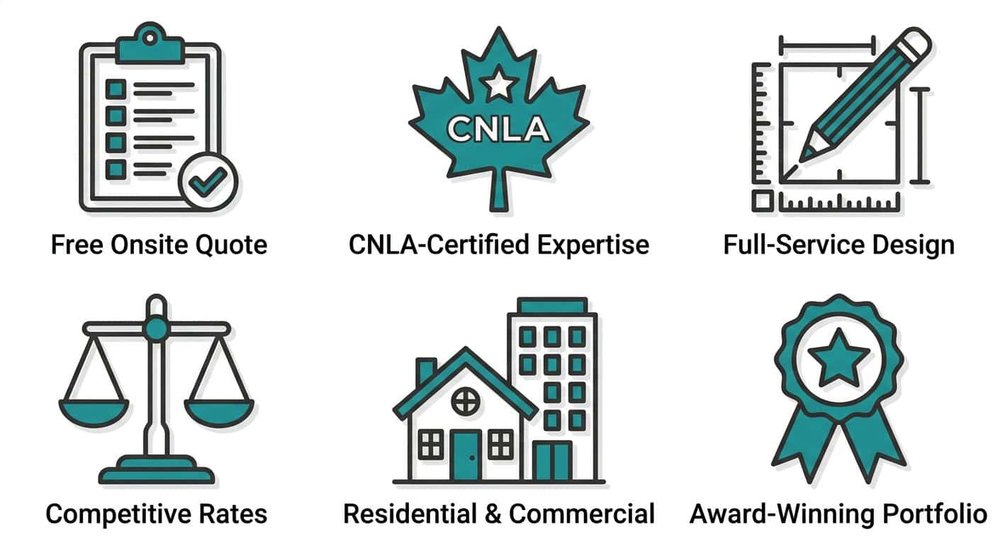 Icon set showcasing six key differentiators for professional paver installation services in Langley, BC