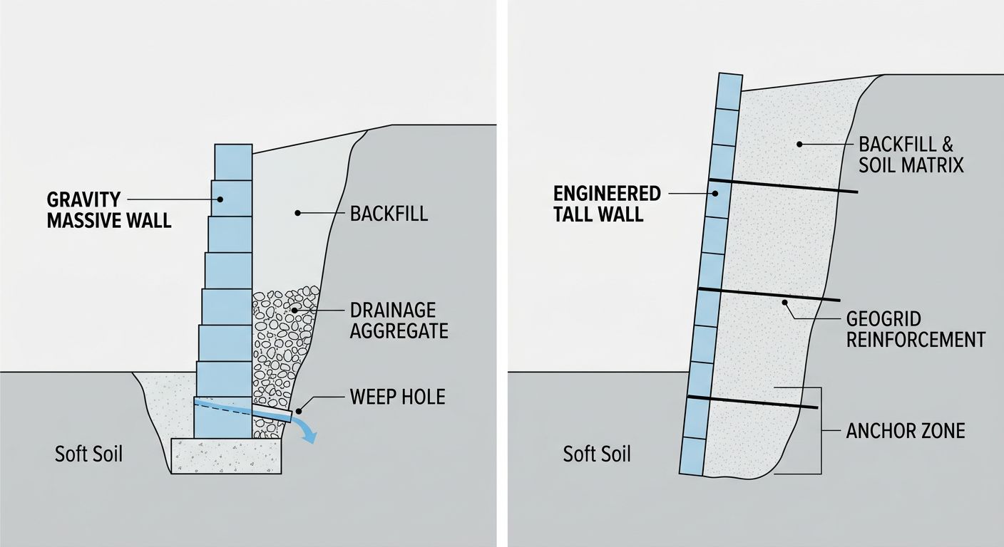 Side-by-side comparison of gravity retaining wall and engineered retaining wall with geogrid reinforcement, showing construction differences.