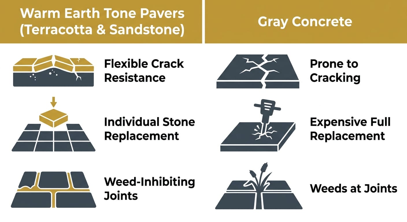 Infographic comparing three advantages of warm earth tone pavers over gray concrete with flat icons and labels.