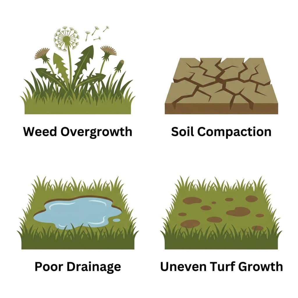 Four icons illustrating signs of lawn needing professional care: weed overgrowth, soil compaction, poor drainage, and uneven turf growth.