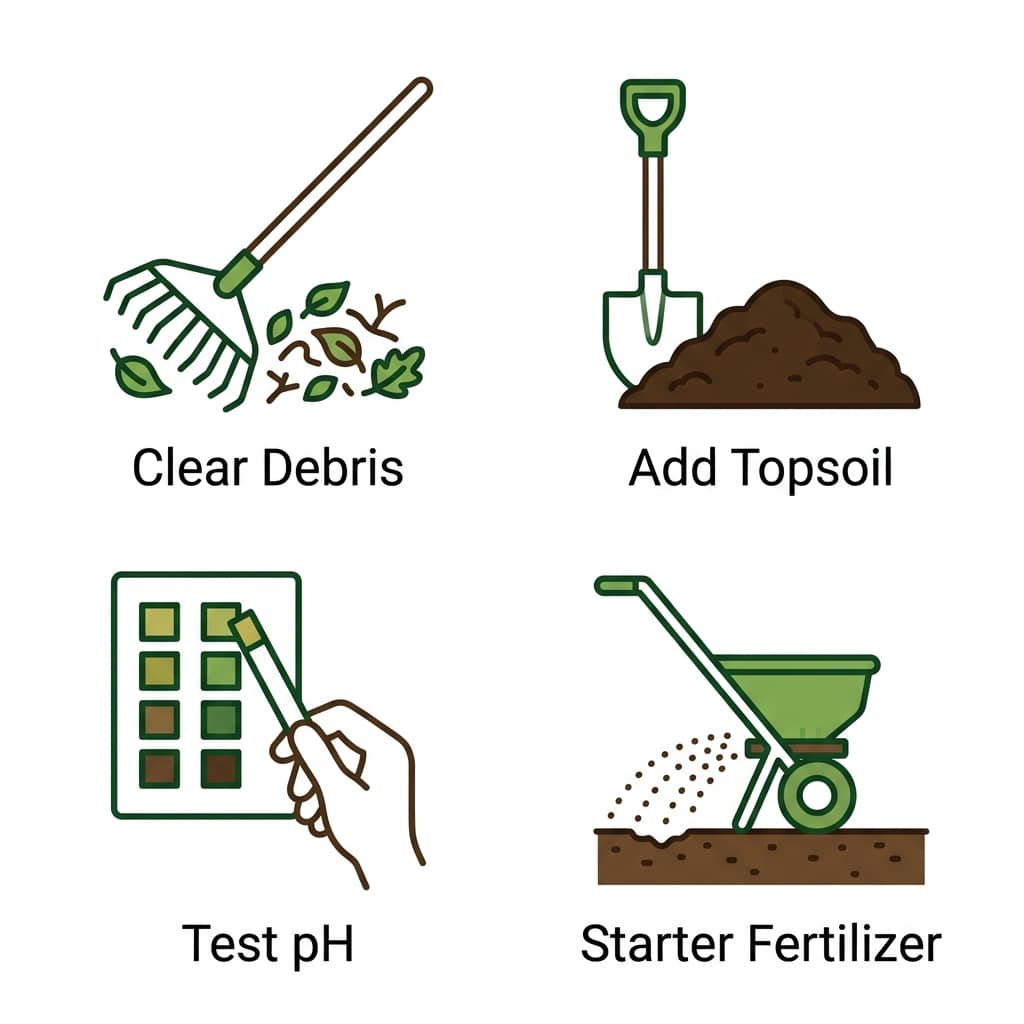 Infographic showing four prerequisites for overseeding: Clear Debris, Add Topsoil, Test pH, and Starter Fertilizer, represented by outlined icons.