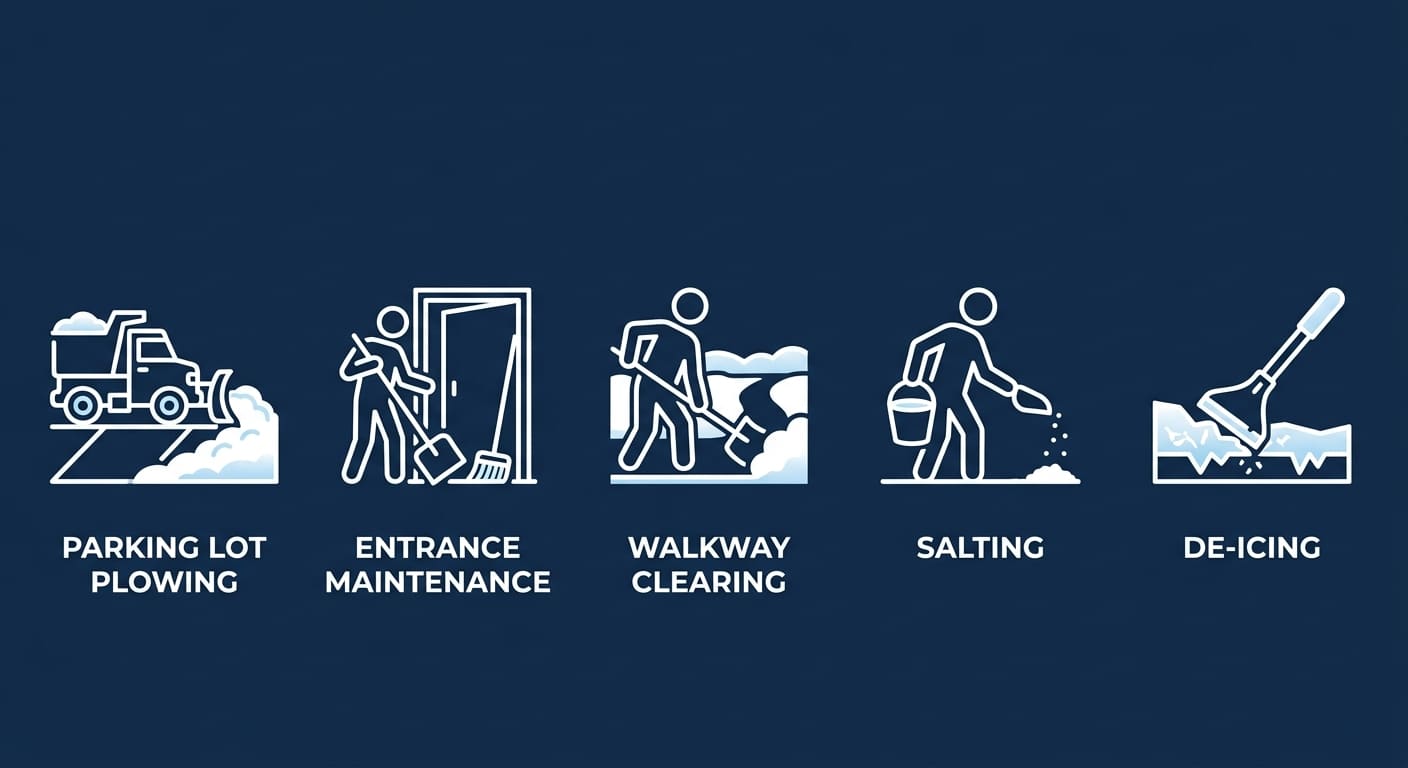 Five icons representing commercial snow removal services: parking lot plowing, entrance maintenance, walkway clearing, salting, and de-icing.