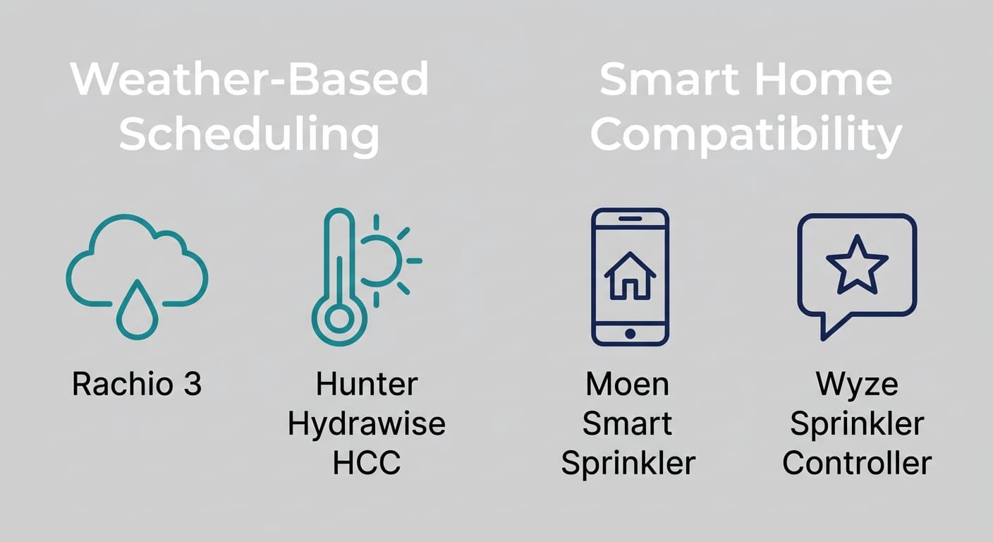 Two-column infographic comparing weather-based scheduling controllers Rachio 3 and Hunter Hydrawise HCC with smart home compatible Moen Smart Sprinkler and Wyze Sprinkler Controller