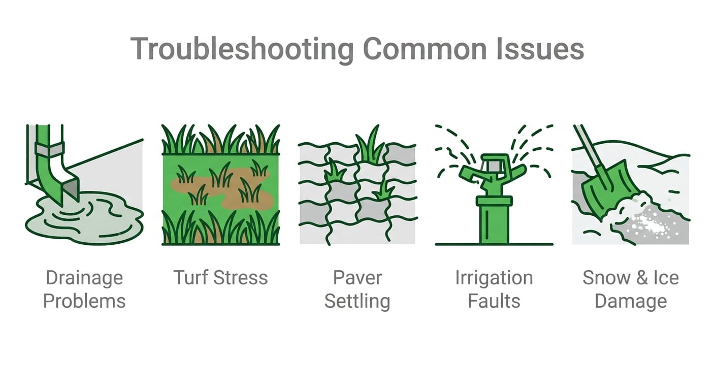 Set of five flat green line icons for common landscaping issues: pooling water, patchy grass, uneven pavers, a broken sprinkler, and snow clearing, each with a small gray label below, on a white background.