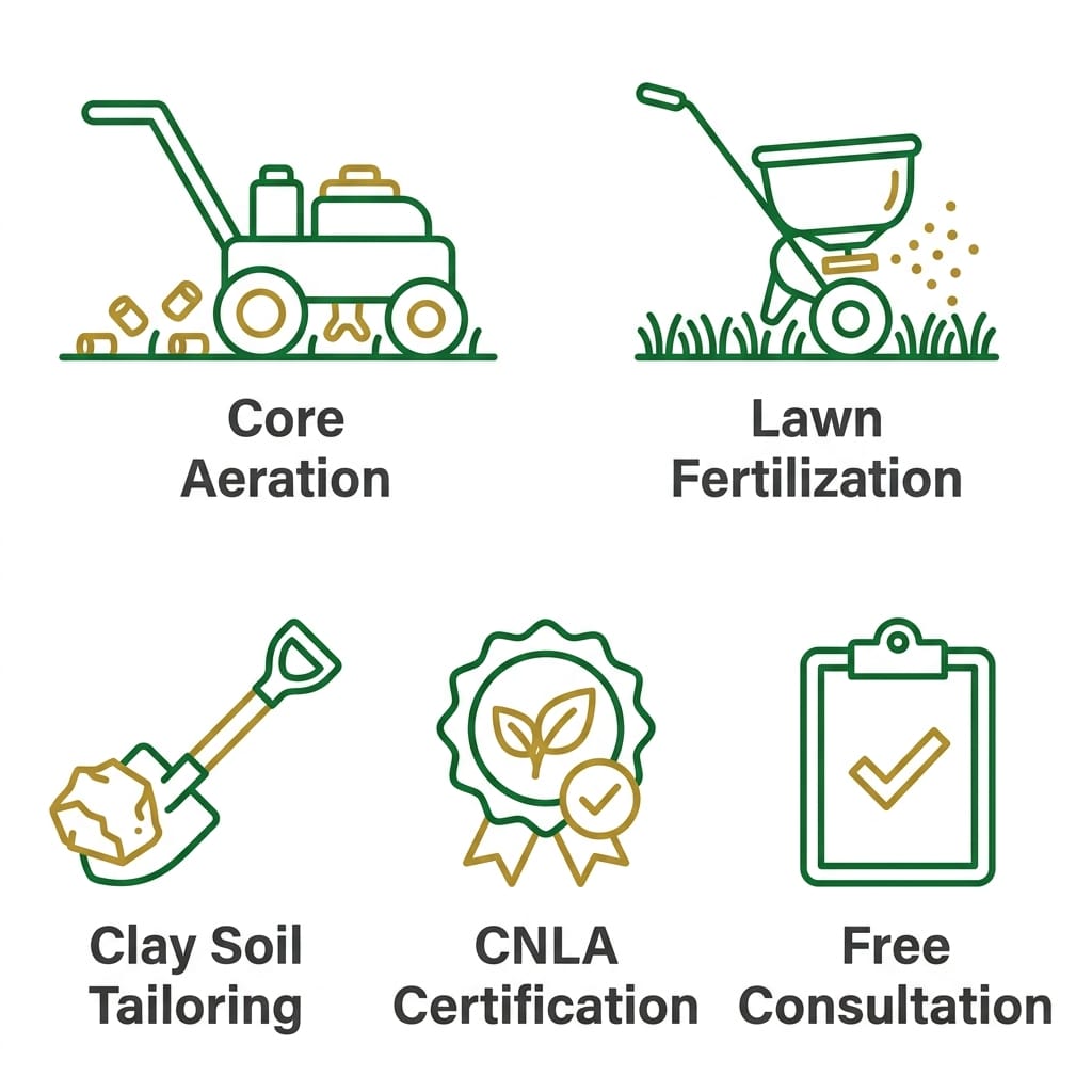 Icon set depicting five lawn care services: core aeration, fertilization, clay soil tailoring, CNLA certification, and free consultation.
